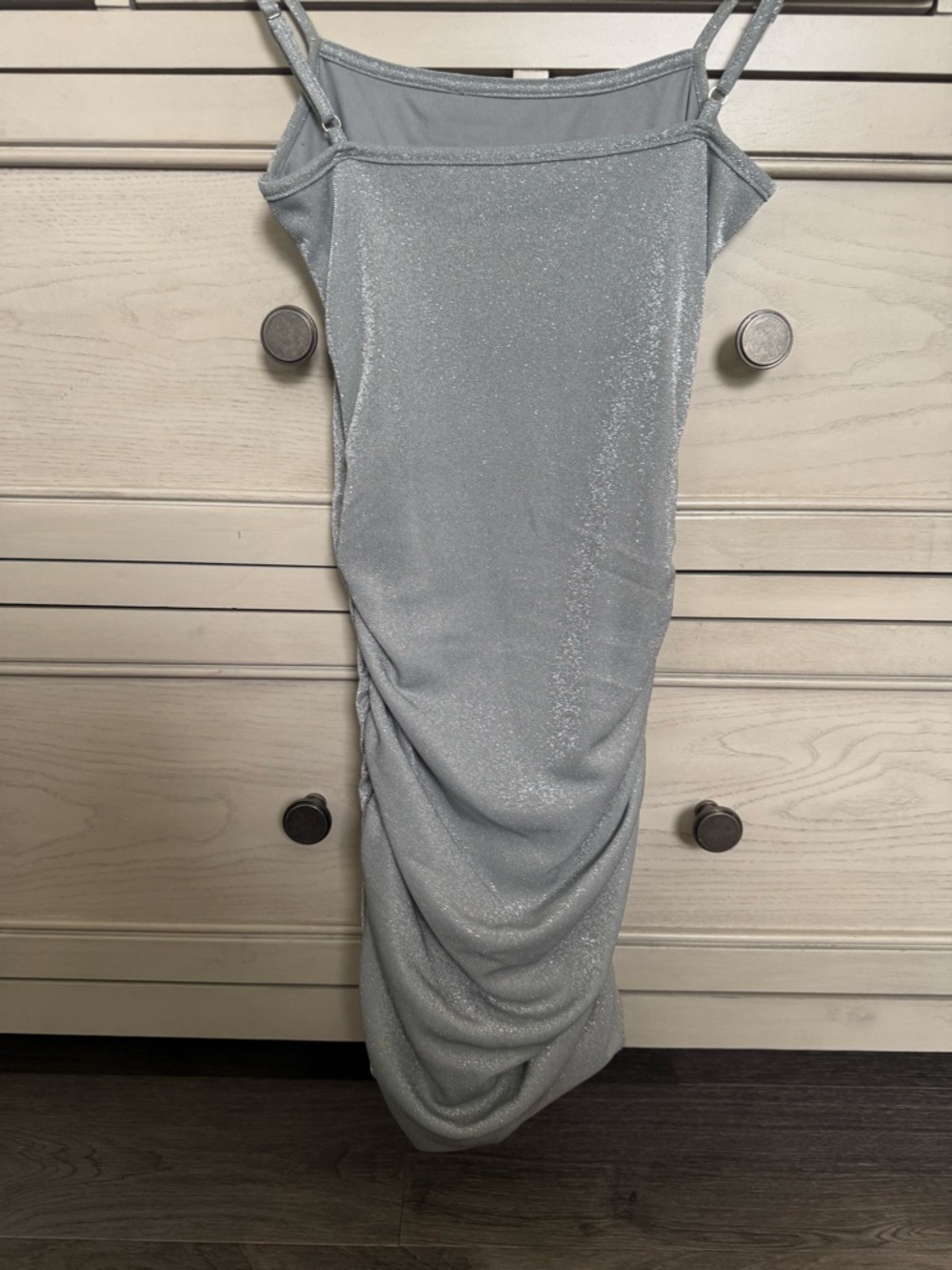 Katie J NYC Silver Shimmer Ruched Midi Dress